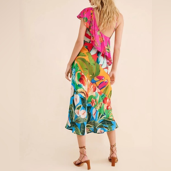 FARM Rio Mixed Flowery Ruffle One Shoulder Midi Dress Size M - Picture 4 of 16